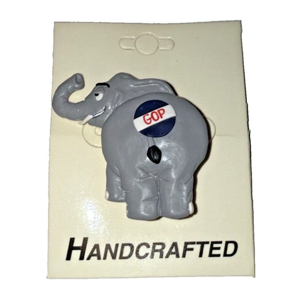 Handmade Gray GOP Republican Lucky Elephant Trunk Up Pin Brooch 2" x 2"